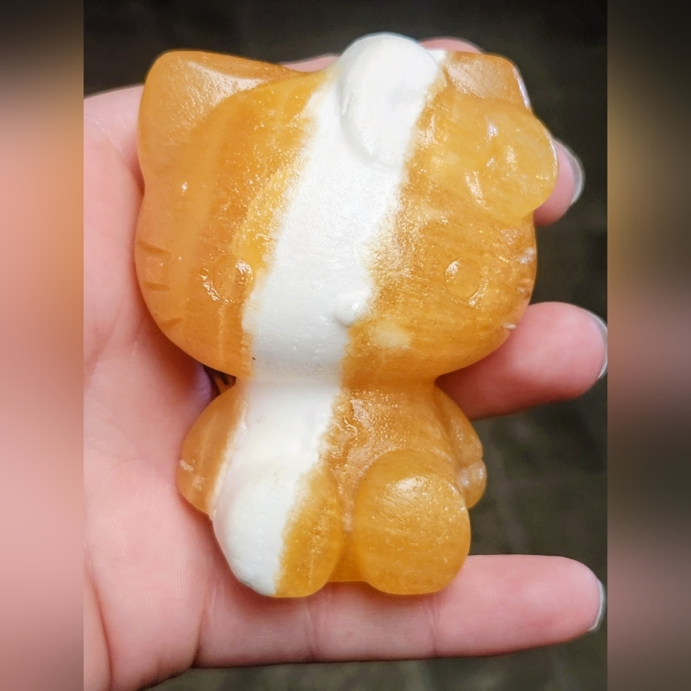 Creamsicle Calcite Hello Kitty. Orange Sario Crystal Carving.